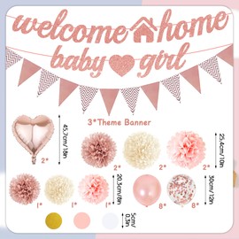 Welcome Home Baby Girl Decorations - 30 Pcs Rose Gold Balloons Banners Pennant Flag Bunting Paper Pompoms Glitter Confetti Balloons For Family Girls Baby Shower Welcome Back Party Supplies