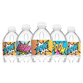 POP parties Ink Superhero Pink Bottle Labels - 20 Superhero Water Bottle Labels - Superhero Decorations - Made in the USA - Pink