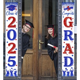 2025 Graduation Decorations-Class of 2025 Porch Sign Banner,Congrats Grad Door Hanging Banner for Blue Red Graduation Party Supplies