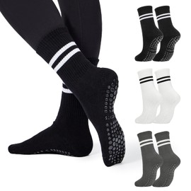 Yoga Sock for Women Grips Socks Non Slip Pilates Socks Fashion Gripper Skid Slipper Barre Dance 3 Pack Black&White&Grey One Size