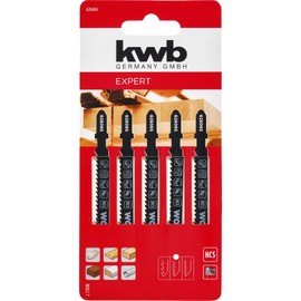 kwb 5 x Jigsaw Blades for Wood, Fine, 100 mm (Suitable for Hardwood, Softwood, Joinery Board, HSS Steel, Hardened Teeth, Cross, Free-Angle and Conical Polished, T and U Shank Socket)