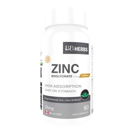 Zinc Bisglycinate – Highest Absorption – Non Buffered – Premium Grade - 90 Veg Caps – 25 mg (Elemental Zinc)