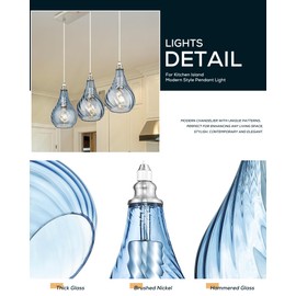 TENGXIN 3-Light Pendant Lights for Kitchen Islands - Brushed Nickel with Blue Glass. Farmhouse Style, Ideal for Dining Rooms and Bedrooms, 6 Inch