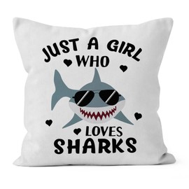 JIMOWANG Shark Pillow Cover, Just a Girl Who Loves Sharks Decorative Pillowcase Throw Pillow Cover, Shark Room Decor, Ocean Fish Shark Lover for Sofa Couch Home Girls Room Decor 18 x 18 Inches