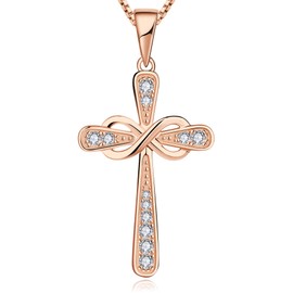 YL Women's Cross Necklace Sterling Silver Infinity Pendant All Rose Gold Plated Cubic Zirconia Criss Jewelry