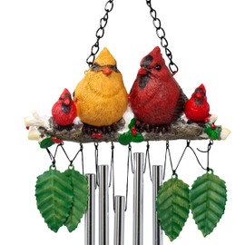 Cardinal Wind Chimes Family - 4 Cardinals Sitting on a Birch Branch - Greenery & Holly & Hanging Leaves with Chimes - Red Bird Backyard Hanging Decorations
