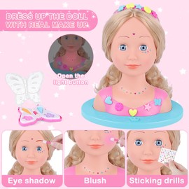 deAO Kids Hairdressing Makeup Doll Head, Makeup Hairdressing Doll Styling Head Toy with Hair Accessories, Hair Styling Doll Head, Doll Styling Head Hairdressing, Great Gift for Girls