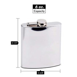 Hip Flask Holding 6 oz. - Pocket Size, Stainless Steel, Rustproof, Screw-On Cap - Metallic Grey Mirror Polished Finish Perfect for Engraving - Black Gift Box Included