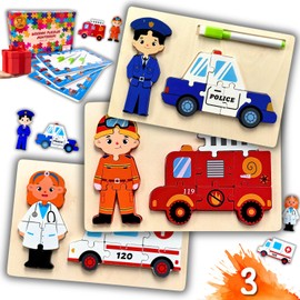 Wooden Puzzles 3D Montessori - Wooden Jigsaw Puzzle - Learning Educational Toys - Toddler Puzzle Vehicle Ages 3-4-5 Year Old - Christmas Birthday Boy & Girl Gift Toys with Box - 3 Pack