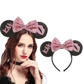 Tgirls Valentine's Day Mouse Ears Headband Shinny Pink Bow Hair Hoop Sequins Ears Mouse Headwear for Women Girls Costume Party Hair Accressories(A)