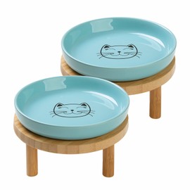 Lusifaco Shallow Elevated Cat Bowls,5.9 Inch Wide Raised Ceramic Cat Dishes with Bamboo Stand, Whisker Friendly Pet Water or Food Plates Feeding Station for Indoor Cats, Kitten (Blue,Set of 2)