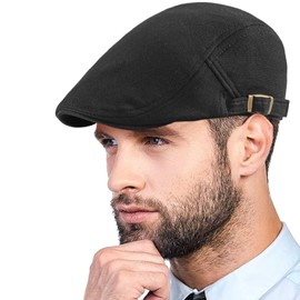 CheChury Flat Caps for Men Newsboy Cap Cotton Beret Hat Adjustable Solid Colour Tweed Caps Vintage Grandad Hat for Autumn Winter Unisex Flat Cap Irish Cabbie Hunting Farmer Hat,Black