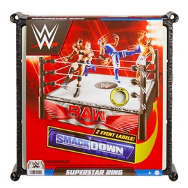 Mattel WWE Superstar Ring, 14 inches with Spring-Loaded Mat, 4 Event Apron Stickers & Pro-Tension Ropes for WWE 6-inch Action Figures