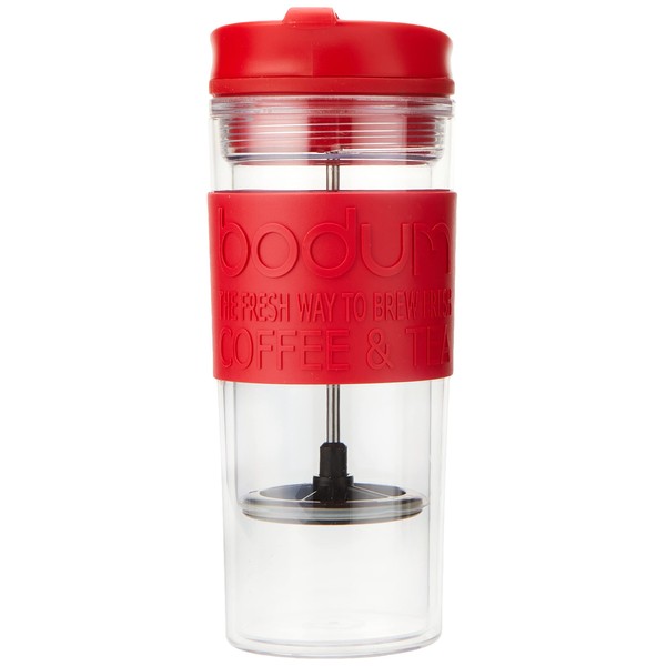 Bodum Insulated Plastic Travel French Press Coffee and Tea Mug, 0.45 L, 15oz, Red