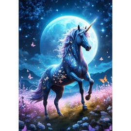 QQYRHN 5D Fantasy Unicorn Diamond Painting Kit for Adults Beginners Wild Flowers Diamond Art Kits Complete DIY Moon Night Diamond Embroidery Set Perfect for Relaxation and Decoration 30 x 40 cm
