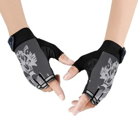Children's Gloves, Sports Gloves, Half Finger, Smartphone Compatible, Fingertip Gloves, Mesh, Thin, Gloves, Summer, Breathable, Sunscreen, Injury Prevention, Anti-Slip, Boys, Girls, Juniors, Cool Wolf Illustration, Half Finger, Outdoor, Bicycle, Bike, Cy