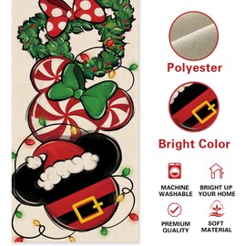 Croar Christmas Cartoon Mouse Table Runner, Xmas Wreath Peppermint Candy Kitchen Dining Table Decoration, Funny Holiday Winter Burlap Indoor Outdoor Home Decor Party Supply 13 x 36 Inches