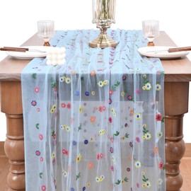 Joanlody Blue Embroidery Daisy Spring Summer Table Runner Florals Seasonal Easter Tulle Table Runner Holiday Kitchen Dining Table Decoration Wedding Party