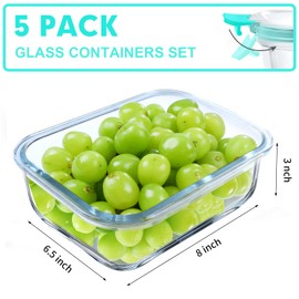 VERONES 5 Pack 36 OZ Glass Meal Prep Containers, Airtight Glass Lunch Containers Set, Glass Food Storage Containers with Lids,Exclusive of BPA, for Microwave, Oven, Freezer & Dishwasher Friendly,Green