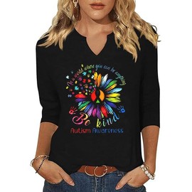 3/4 Sleeve V Neck Shirts for Women Autism Awareness Accept Understand Love Graphic Shirts Be Kind Tops Blouse(ZBZ02BK,X-Large)