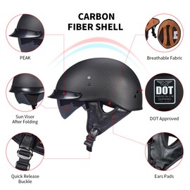 Carbon Fiber Open Face Retro Motorcycle Helmets Men Women Half Face Helmets for Motorbike Cruiser Chopper Moped Scooter ATV (Flat Black, S)