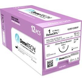 DEMETECH DemeCRYL Synthetic Absorbable Polygactin 910 Suture DT-G385-1, DC-3, 13 Millimeters, 3/8 Circle Reverse Cutting Needle, USP Size 5-0, 18 Inches, (45 Centimeters)