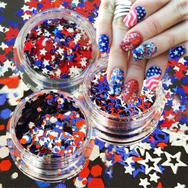 3 Boxes Independence Day Stars Nail Art Glitter Sequins,3D Holographic 4th of July Star Nail Sequins Nail Flakes for Nail Art Red Blue Sliver Stars Nail Accessories for Women Girl Manicure Decor