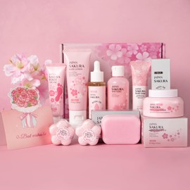LAIKOU Sakura Bath Gift Set, Pamper Gifts for Women, Body Lotion Body Wash Scrub Hand Cream and More, Unique Self Care Package, Mothers Day Christmas Birthday Gift Ideas for Her Friend Sister Mum Wife