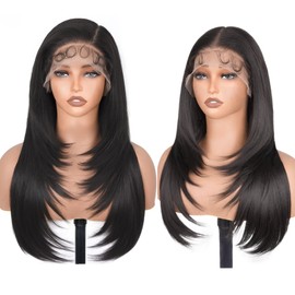 PREMPO 13x6 HD Lace Front Wigs for Women, Synthetic Wigs Wear and Go Glueless Wig with Baby Hair, Pre Plucked Layered Long Straight Wig, Heat Resistant (#1B Natural Black)