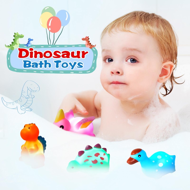Jiosdo Bath Toy, 6 Pieces Dinosaur Bath Toy with Light