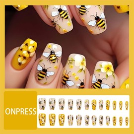 ONPRESS 24Pcs Bee Press on Nails Medium Square Fake Nails with Yellow Flower Design False Nails Cute Spring Summer Glue on Nails Reusable Glossy Full Cover Acrylic Nails for Women Gilrs Manicure