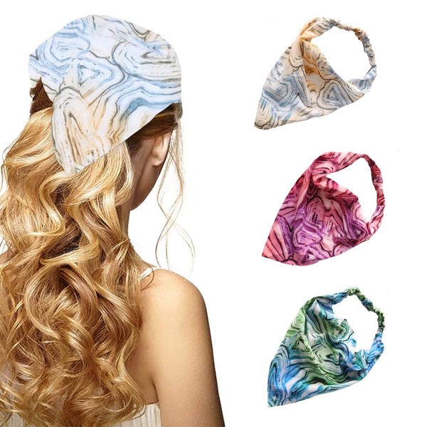 Zoestar Boho Blue Tie Dye Chiffon Headscarf Triangle Elastic Headband for Women and Girls (3 Pack)