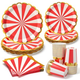 PCLMLES 96pcs Party Plates Disposable Tableware Set Circus Style Paper Plates for 24 Guest Birthday Party Table Supplies Picnic Wedding (Include plates，cups and napkins) - Red and White Stripe