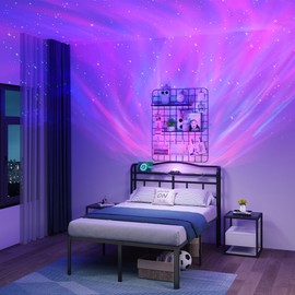 SHOANED 18 Inch Metal Bed Frame - Full Size Black Heavy Duty Bedframe with Starry Sky Projector Platform Basic Mattress Foundation with Headboard & Charging Station