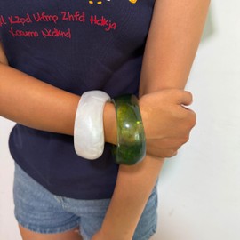 2PCS Chunky Acrylic Bracelet for Women Large Square Resin Cuff Vintage Open Bangle Bracelets Wide Geometric Jewelry (J - Green+White)