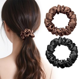 IRIYULI Silk Hair Elastic, 0.8 inch (2 cm), 20 Colors, 100% Natural Silk, Friction Reducing, Anti-Static, Gentle for Hair, Adults, Women, Black, Stylish, Hair Accessories, Birthday Gift, Black + Brown, Set of 2