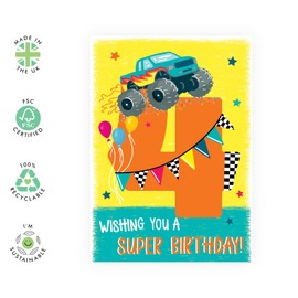 Central 23 4 Year Old Boy Birthday Card - 4 Monster Truck Birthday - Happy Birthday Card Kids - Age Four - Animals Forth Bday - Gifts Son Nephew Grandson - From Mum Dad - Comes With Fun Stickers