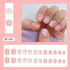 Spring Pink Press on Nails Extra Short Square Fake Nails Glitter False Nails with White Flower Design Acrylic Nails Glossy Stick on Nails Full Cover Glue on Nails for Women 24 Pcs