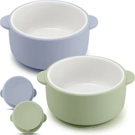 Domensi 2 Sets Kids Porcelain Bowls with Suction Sleeves Toddler Suction Bowl Upgrade Durable Microwave Dishwasher Safe Cereal Soup Snack Dishes for Baby Children Feeding Supplies (Blue and Green)