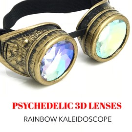 UMBRELLALABORATORY Steampunk Victorian Goggles Rave Glasses in Vintage Gold, costume accessory, 3D Diffraction Kaleidoscope lenses