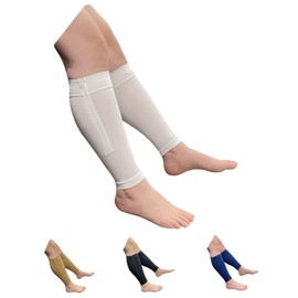HealthyNees Seniors Care Footless 20-30 mmHg Compression Shin Calf Leg Men Women 1 Pair Zipper Sleeves (White, Small-Medium)