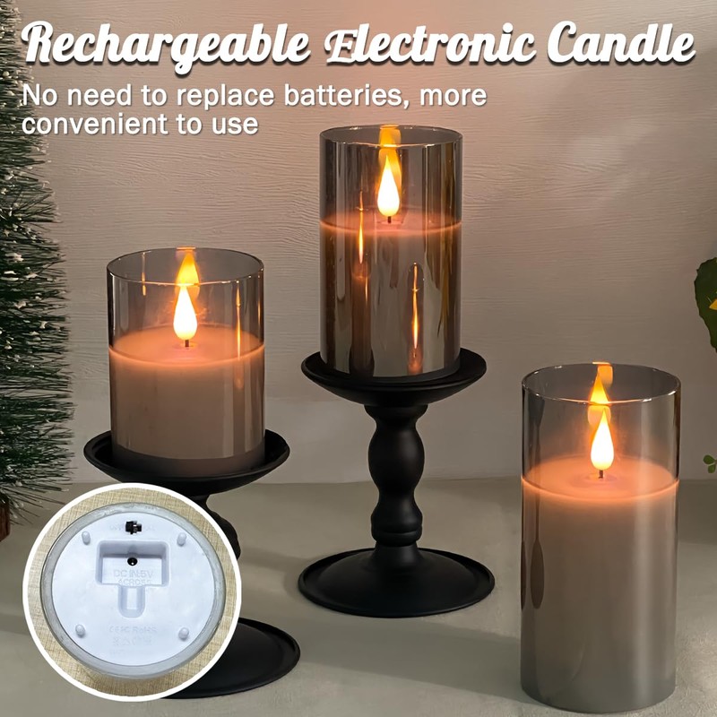 LEDHOLYT Rechargeable Flameless Candle, Flashing LED Pillar Real Wax Candle