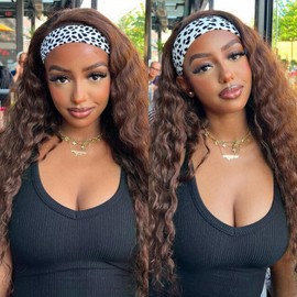 PREMPO Curly Headband Wig for Women, 20 Inch Wear and Go Glueless Wigs Deep Wave Wig Half Wig As Human Hair with 1 Headband, 180% Density Synthetic Wigs None Lace Front, Brown