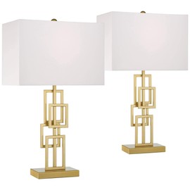 Golden Mid Century Modern Contemporary Table Lamps 26" High Set of 2 Brushed Gold Grid Open Base White Rectangular Shades Living Room Bedroom House Bedside Nightstand Home - 360 Lighting
