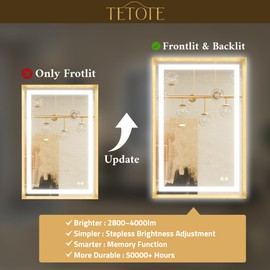 TETOTE 22 x 30 Bathroom LED Mirror Brushed Gold Metal Frame Frontlit & Backlit Vanity Mirror Anti-Fog Stepless Dimmable 3 Colors White/Warm/Natural Mirror with Lights Wall-Mounted