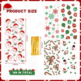 Pasimy 100 Pieces Christmas Cellophane Treat Bags with Ties Clear Plastic Gift Bag Bulk Xmas Cello Goodie Bags Santa Claus Snowman Snowflake Wrapping Bags For Christmas Holiday Party Favor Supplies