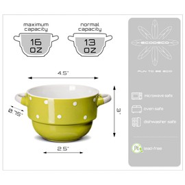 ECODECO Soup Bowls with Handles - Ceramic - Polka Dot - 16 Ounce - Set of 4 - French Onion Soup Crocks for Oven Baking