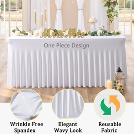 Htper 2 Pack White Spandex Tablecloths for 4 ft Rectangle Tables, Wrinkle Free Fitted Table Cover 4 foot Stertchy Table Cloth with Skirt for Parties Weddings Birthday Banquet Baby Shower