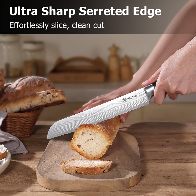 PAUDIN Bread Knife 8", Ultra Sharp Wave Edge - Forged