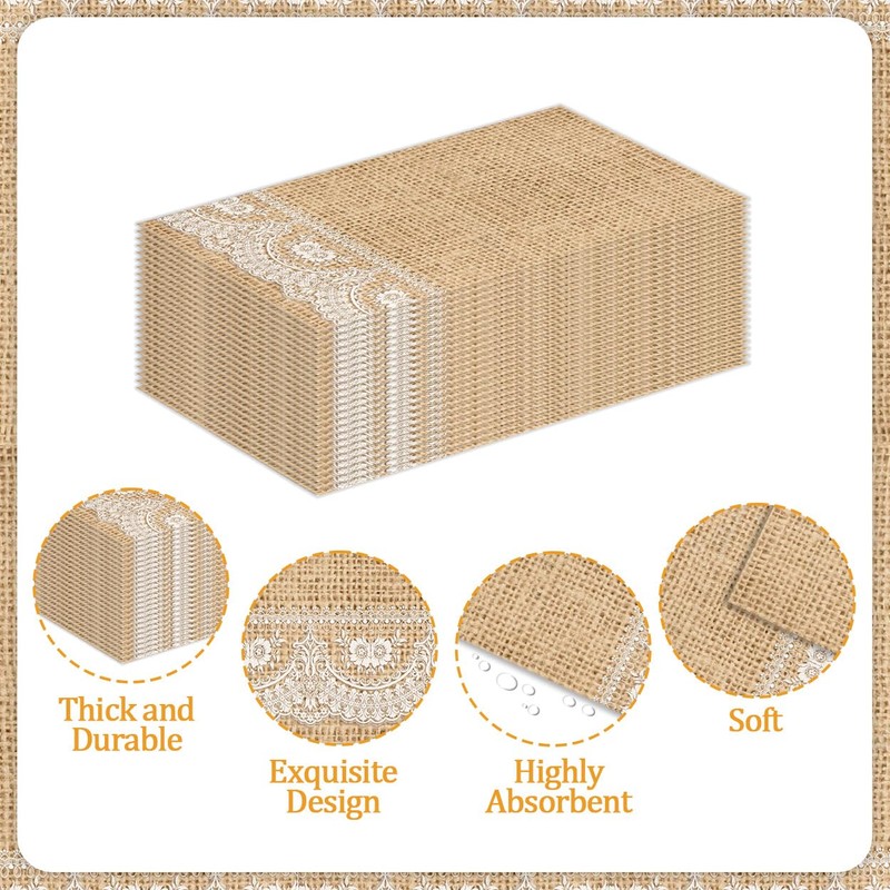 Faux Burlap Lace Design Paper Napkins Disposable 60PCS